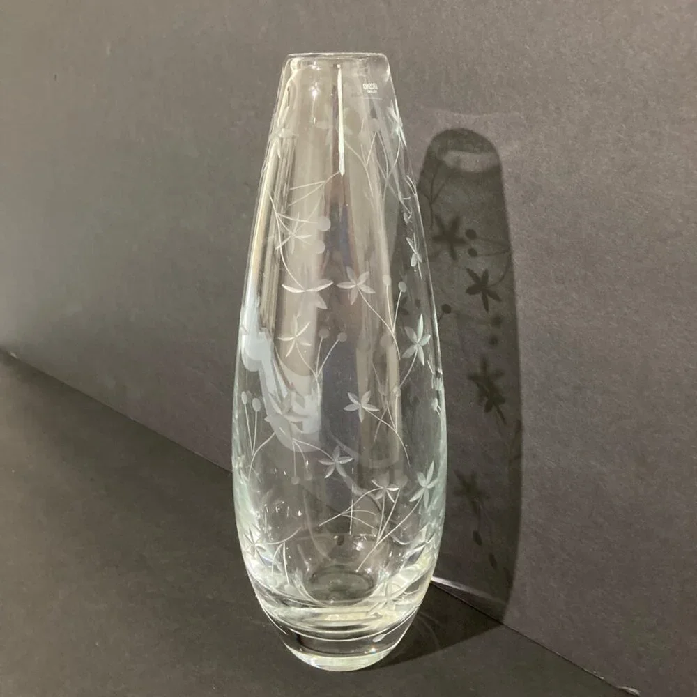 Krosno Poland Etched Glass Vase Minimalist Floral Pattern Polish Crystal